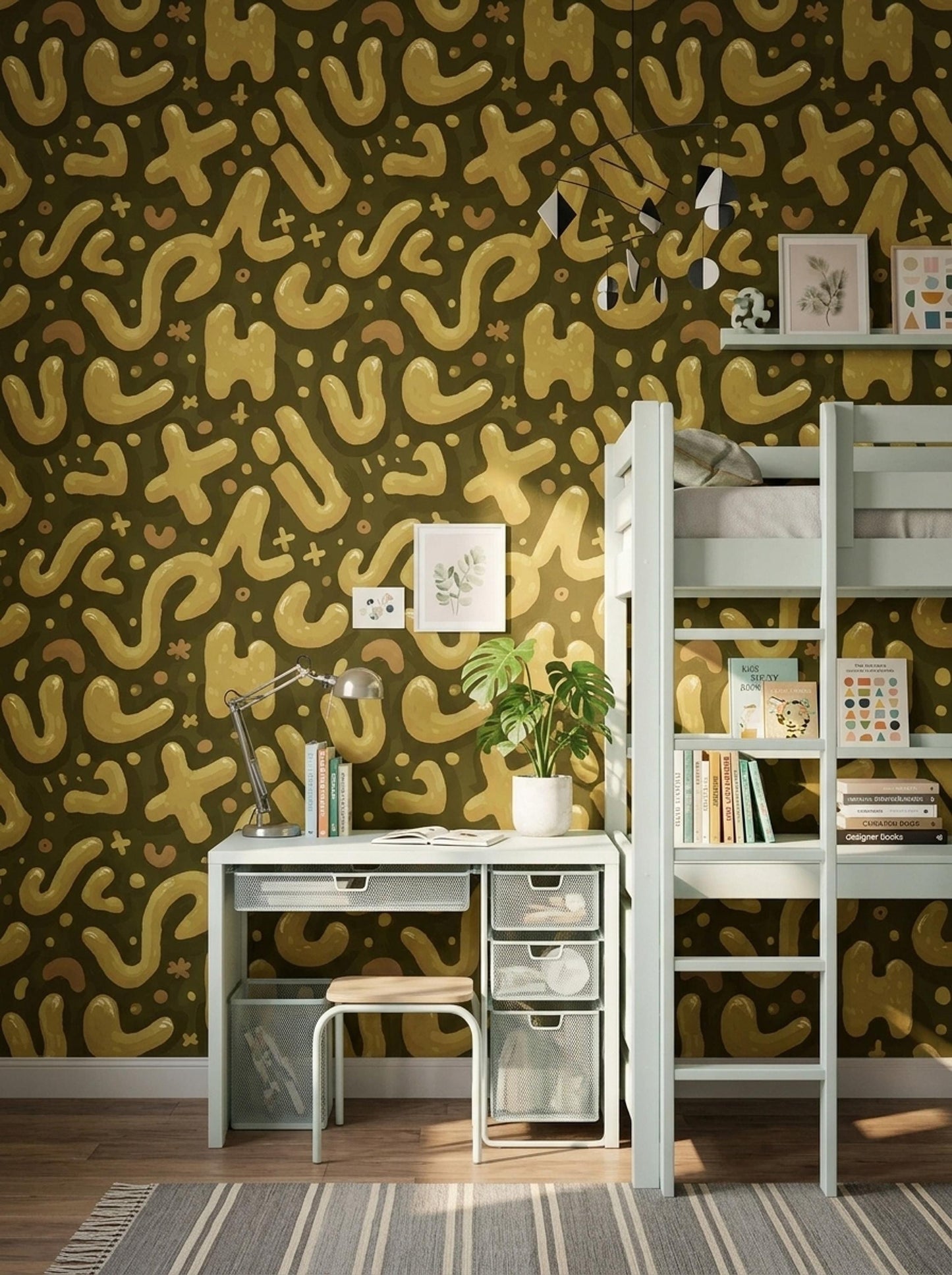Abstract Memphis Wallpaper Retro Organic Shapes Olive Gold Modern Pattern Wall Decor
