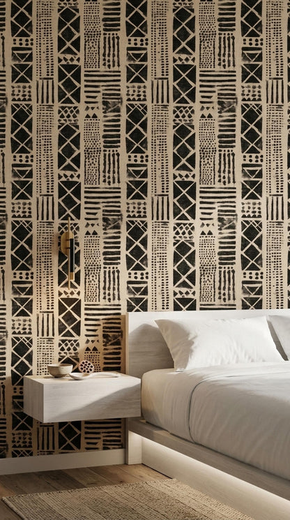 Mudcloth Wallpaper African Tribal Pattern Boho Geometric Wallpaper Neutral Wall Decor