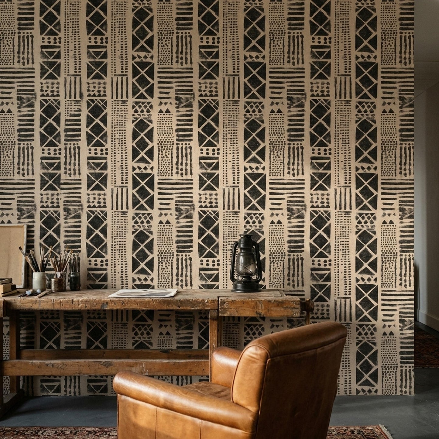 Mudcloth Wallpaper African Tribal Pattern Boho Geometric Wallpaper Neutral Wall Decor