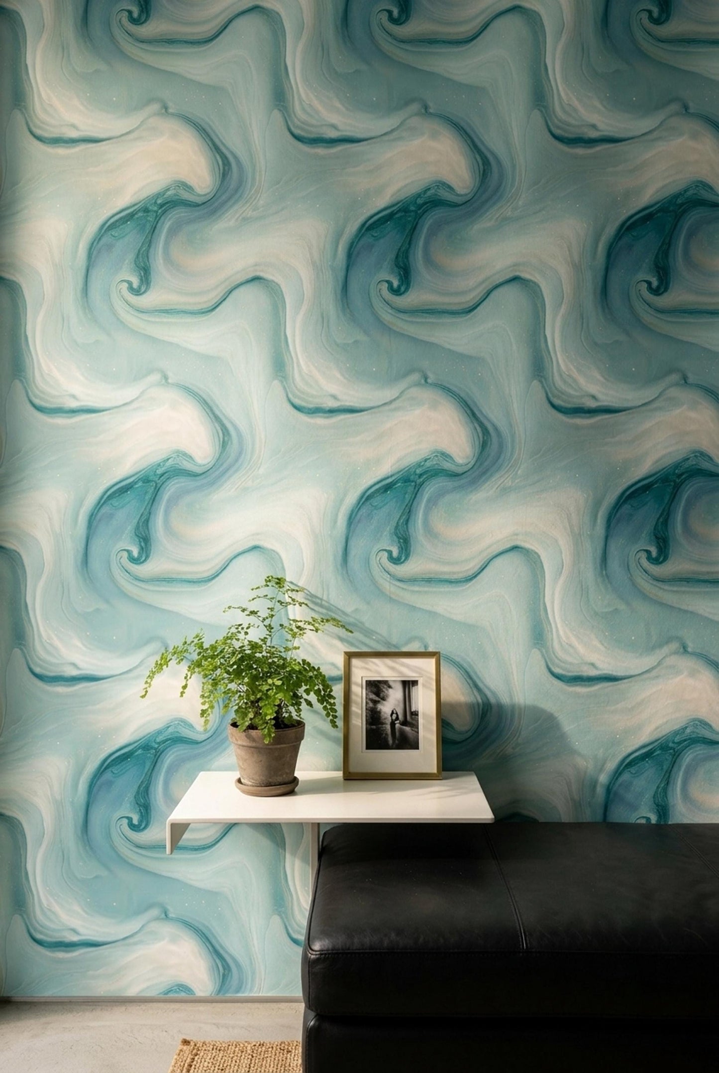 Sea Glass Marble Wallpaper Coastal Blue Swirl Pattern Ocean Inspired Wall Decor