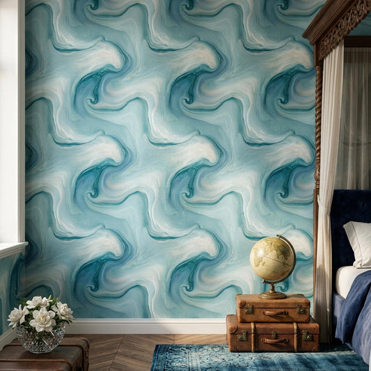 Sea Glass Marble Wallpaper Coastal Blue Swirl Pattern Ocean Inspired Wall Decor