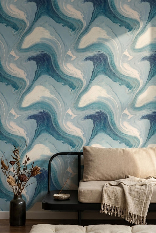Vintage Sea Glass Wallpaper Ocean Marble Swirl Coastal Blue Wall Decor