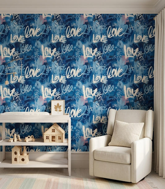 Vintage Graffiti Love Wallpaper Blue Urban Street Art Wall Decor