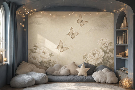 Moonlit Garden Wall Mural Vintage Botanical Nursery Decor Storybook Butterfly Scene