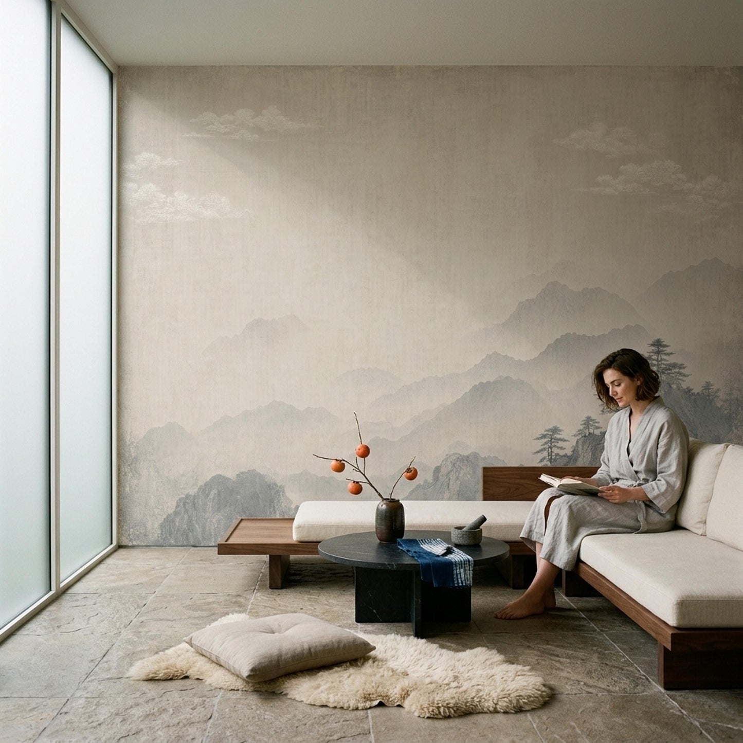 Japandi Wall Mural Misty Mountain Wallpaper Wabi Sabi Landscape Quiet Luxury Decor