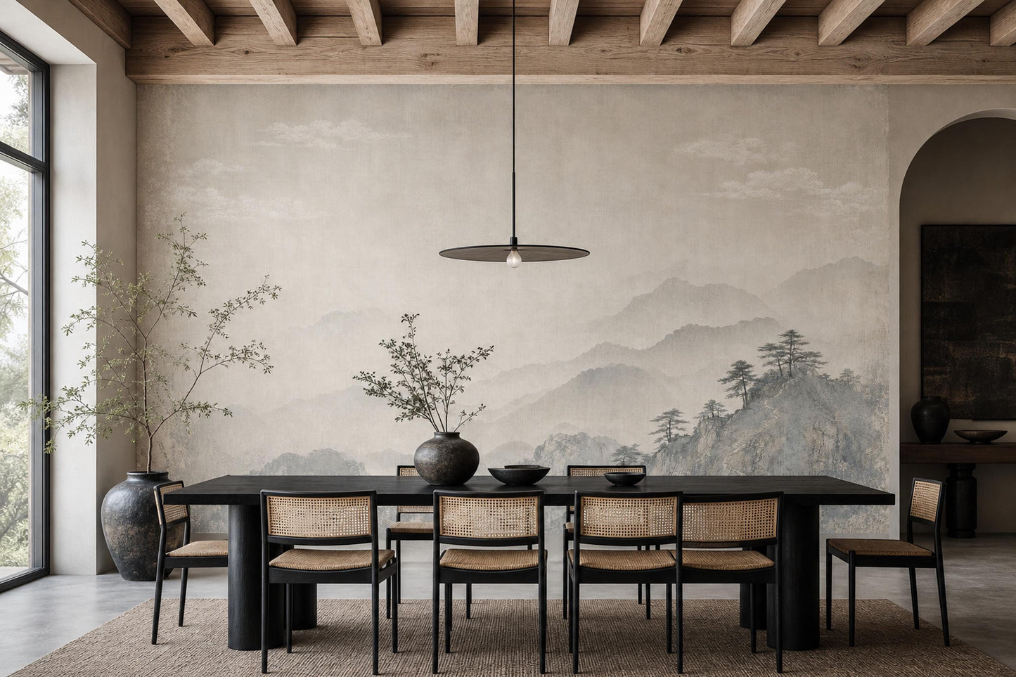 Japandi Wall Mural Misty Mountain Wallpaper Wabi Sabi Landscape Quiet Luxury Decor