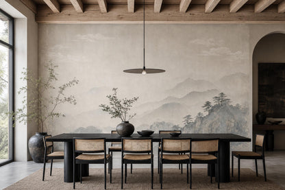 Japandi Wall Mural Misty Mountain Wallpaper Wabi Sabi Landscape Quiet Luxury Decor