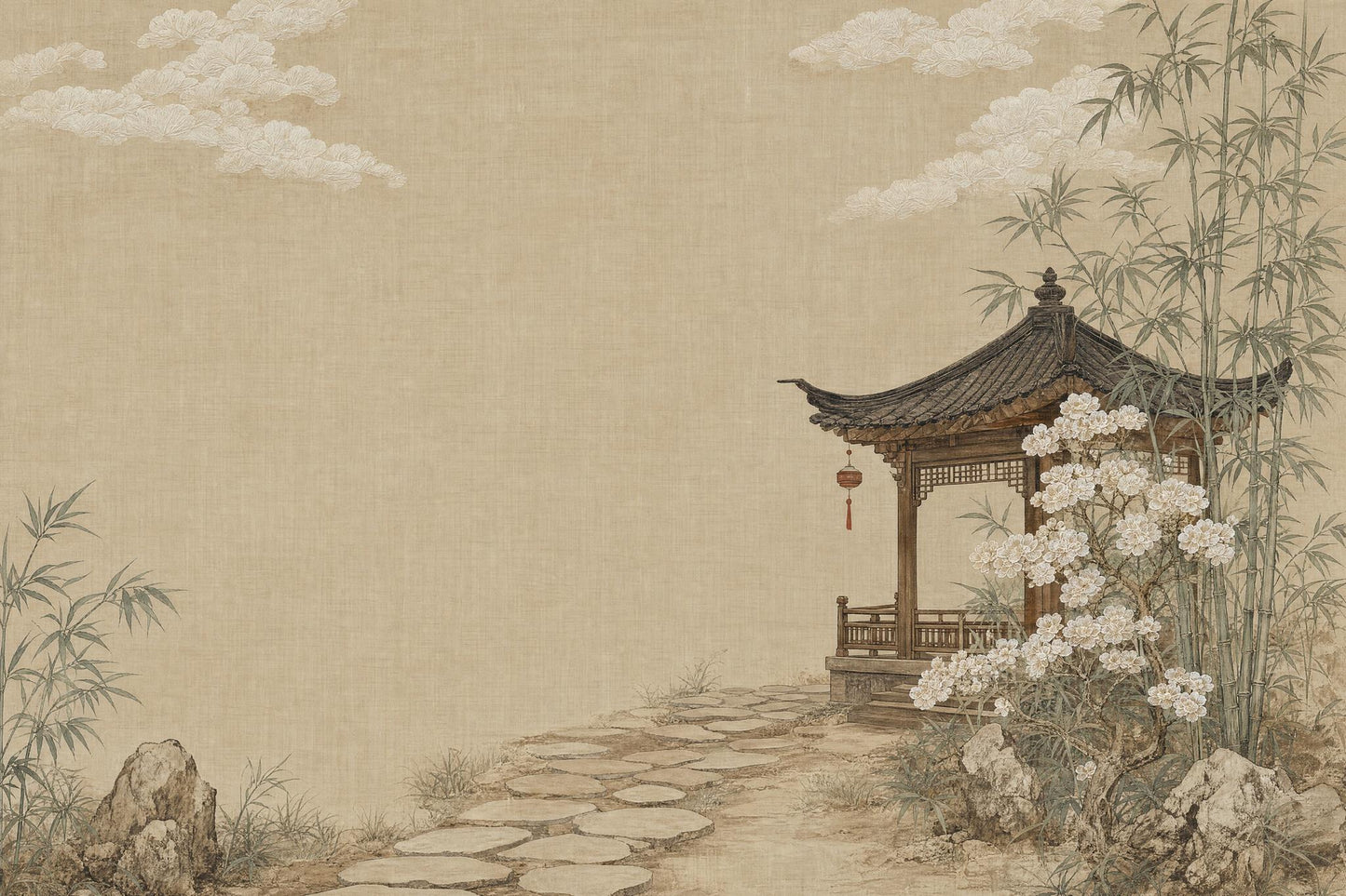 Asian Landscape Wallpaper Traditional Pavilion Bamboo Grove Wall Mural