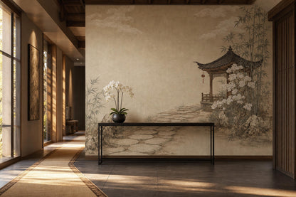 Asian Landscape Wallpaper Traditional Pavilion Bamboo Grove Wall Mural