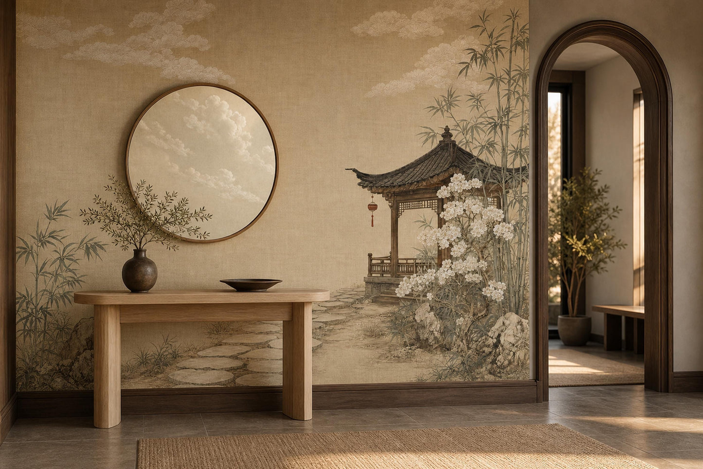 Asian Landscape Wallpaper Traditional Pavilion Bamboo Grove Wall Mural