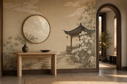 Asian Landscape Wallpaper Traditional Pavilion Bamboo Grove Wall Mural
