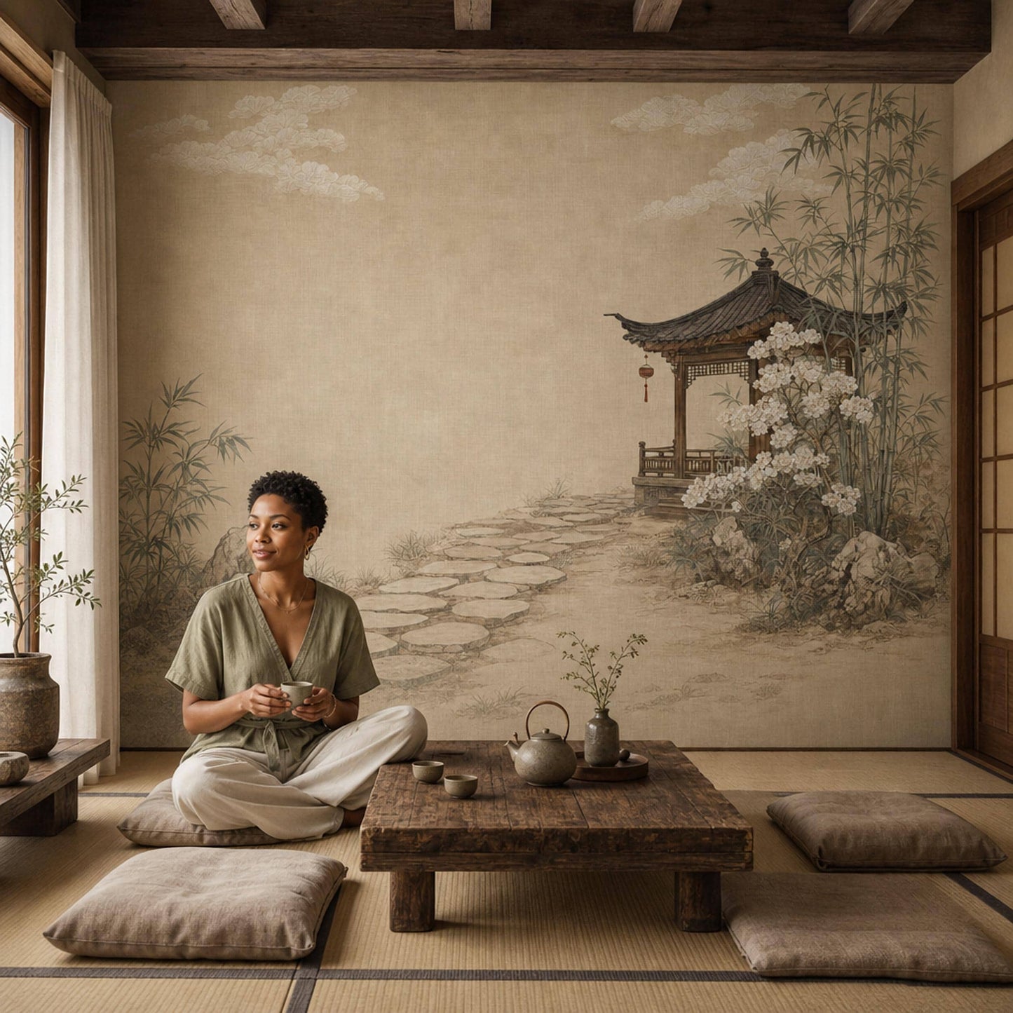 Asian Landscape Wallpaper Traditional Pavilion Bamboo Grove Wall Mural