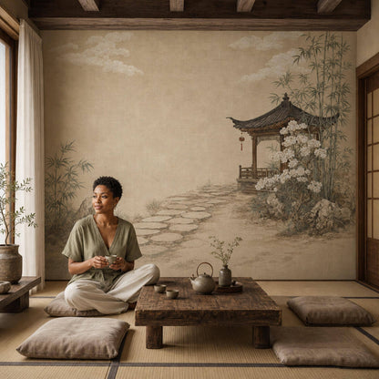 Asian Landscape Wallpaper Traditional Pavilion Bamboo Grove Wall Mural