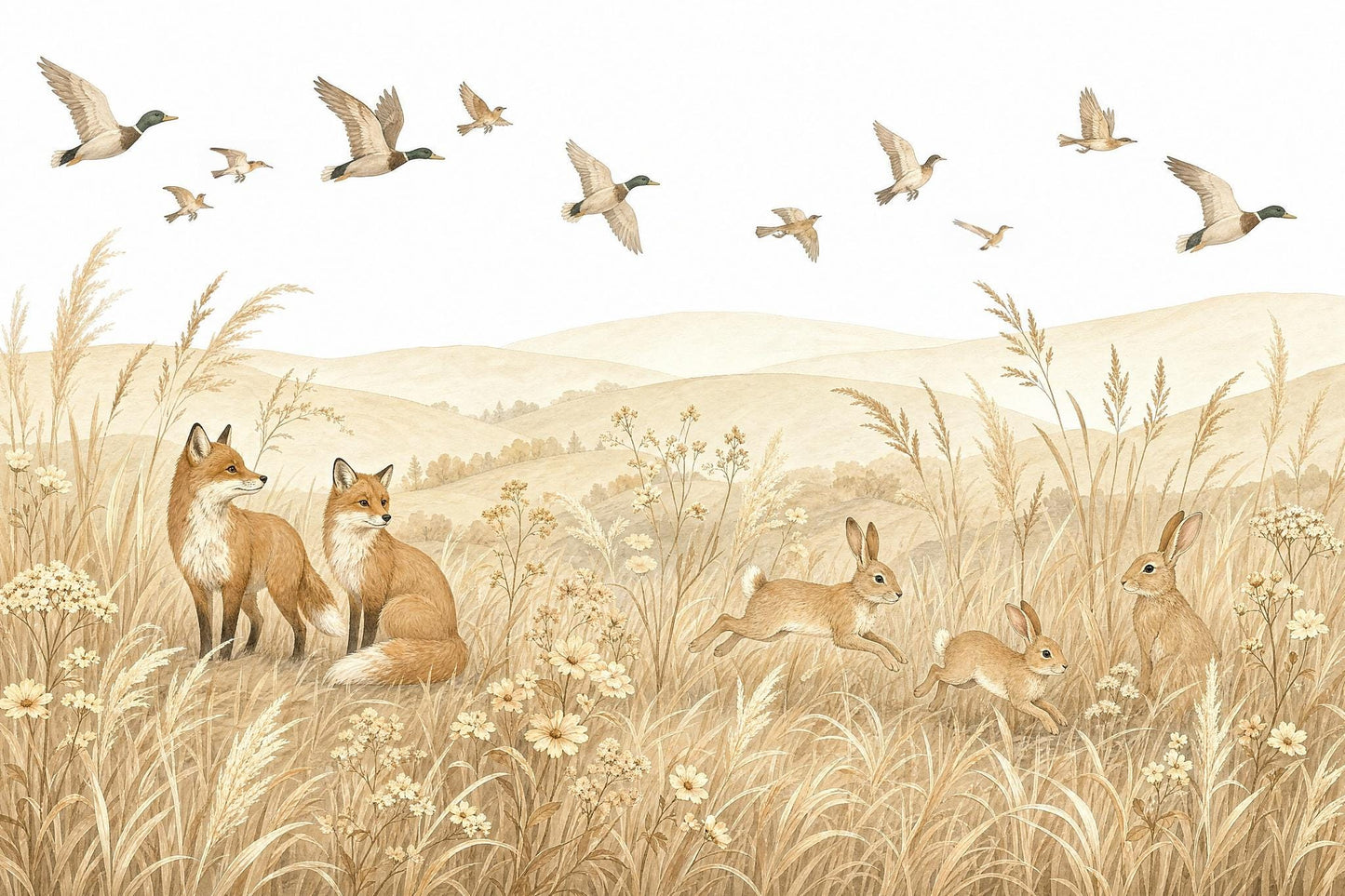 Pastoral Landscape Wallpaper Watercolor Illustration Foxes Wall Mural
