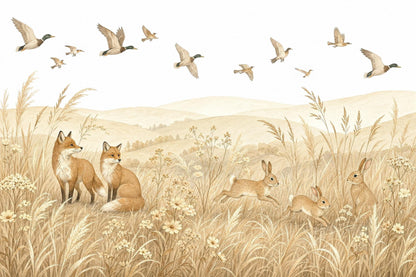Pastoral Landscape Wallpaper Watercolor Illustration Foxes Wall Mural