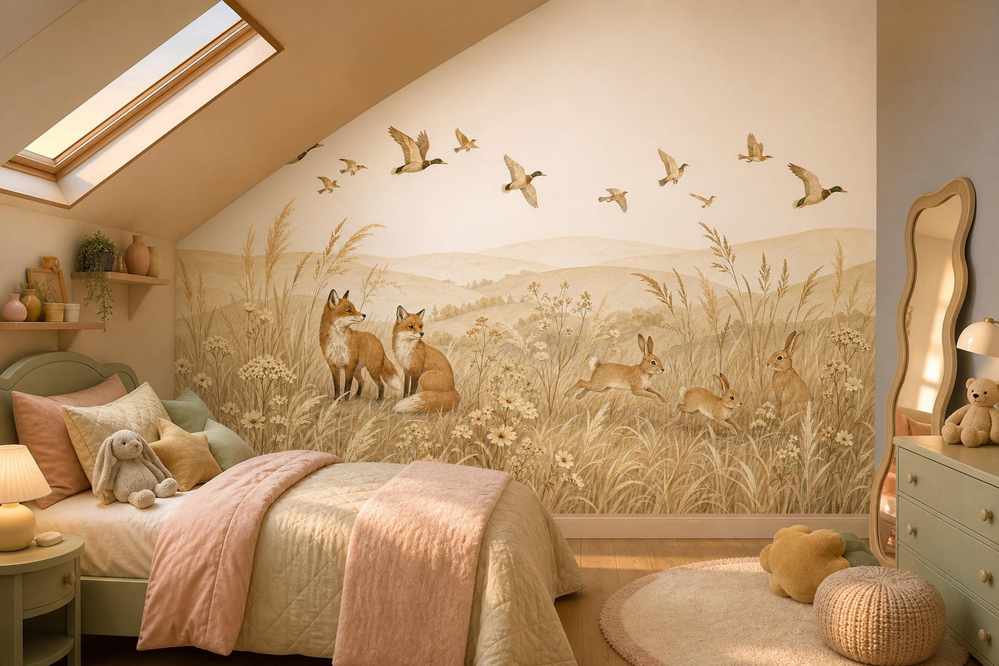 Pastoral Landscape Wallpaper Watercolor Illustration Foxes Wall Mural