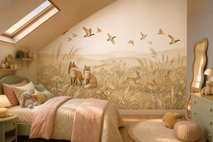 Pastoral Landscape Wallpaper Watercolor Illustration Foxes Wall Mural