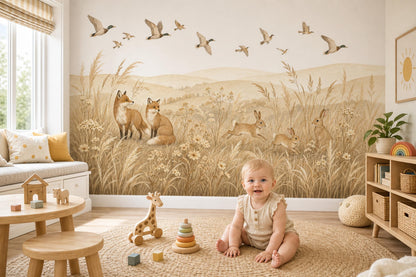 Pastoral Landscape Wallpaper Watercolor Illustration Foxes Wall Mural