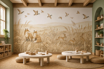 Pastoral Landscape Wallpaper Watercolor Illustration Foxes Wall Mural
