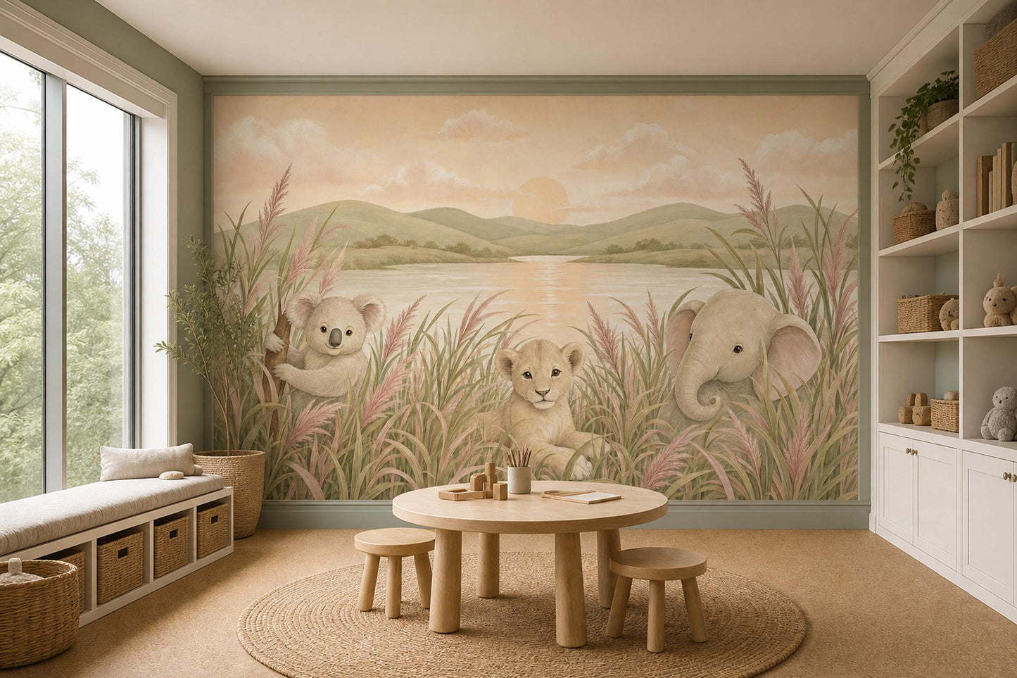 Savanna Landscape Wallpaper Baby Animals Soft Watercolor Wall Mural