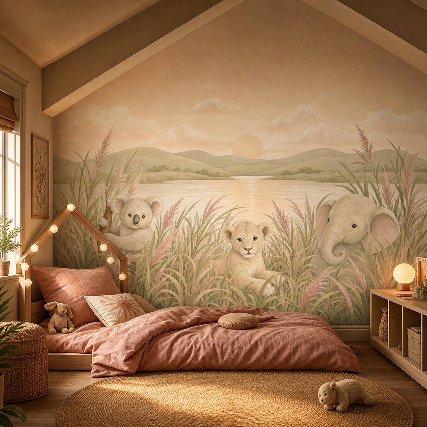 Savanna Landscape Wallpaper Baby Animals Soft Watercolor Wall Mural