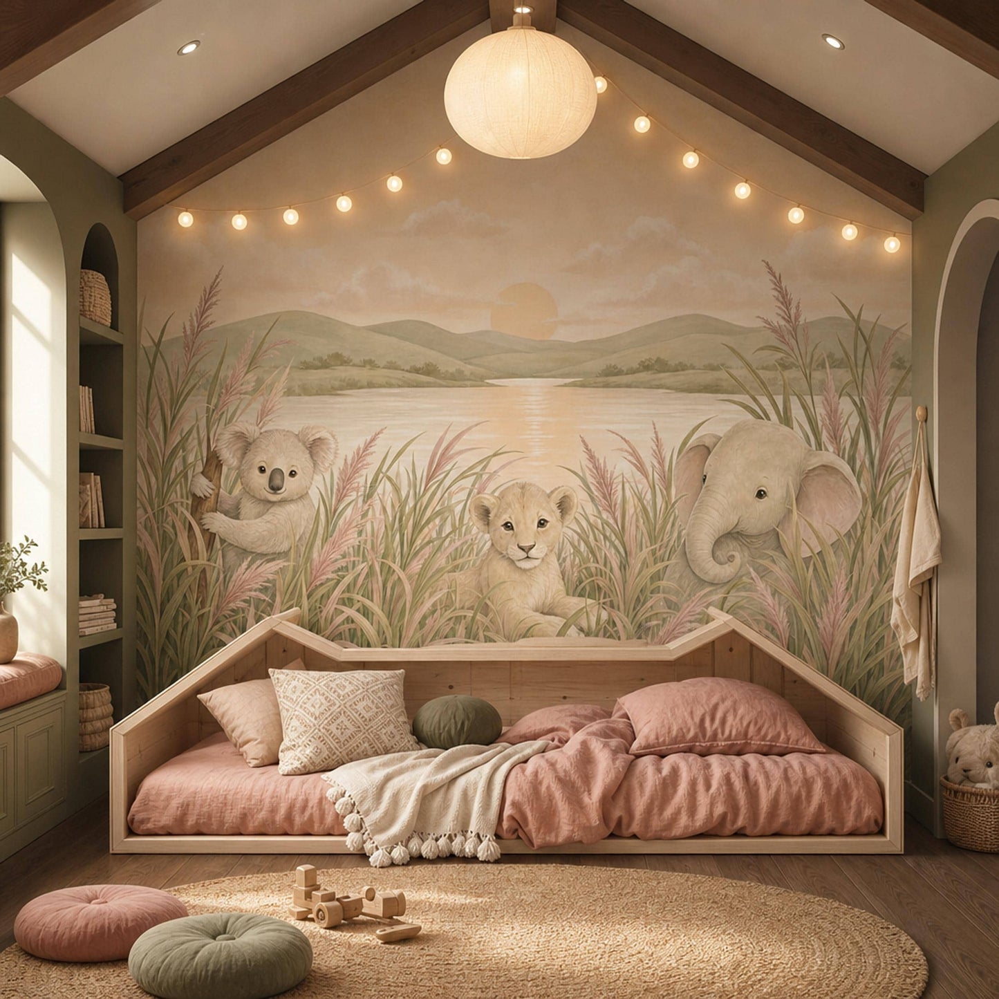 Savanna Landscape Wallpaper Baby Animals Soft Watercolor Wall Mural