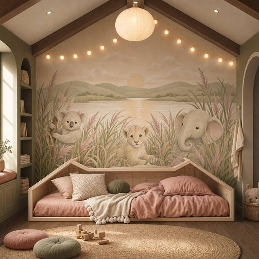 Savanna Landscape Wallpaper Baby Animals Soft Watercolor Wall Mural