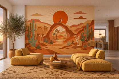 Paper Texture Wallpaper Desert Landscape Vintage Illustration Wall Mural