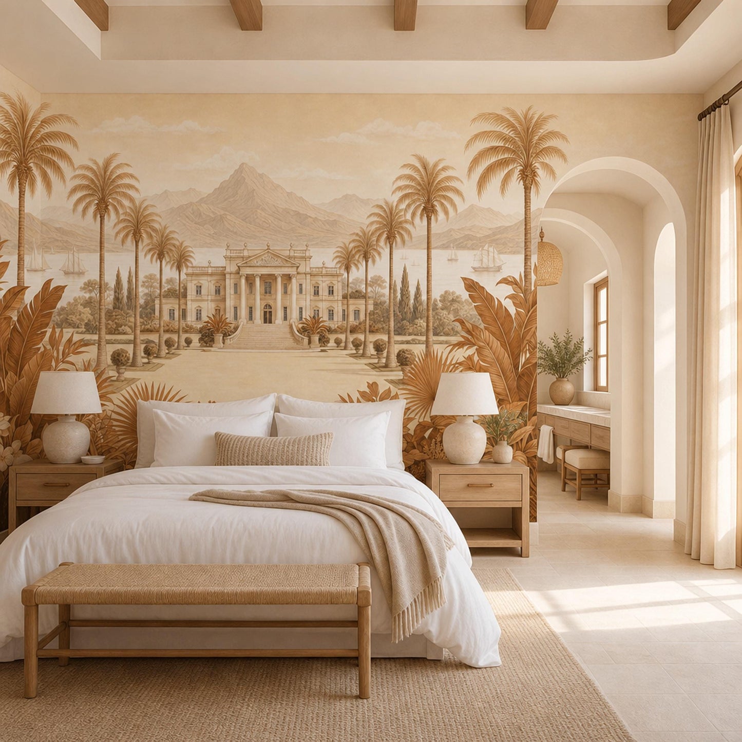 Vintage Landscape Mural Wallpaper Sepia Tropical Palms Neoclassical Villa Wall Mural