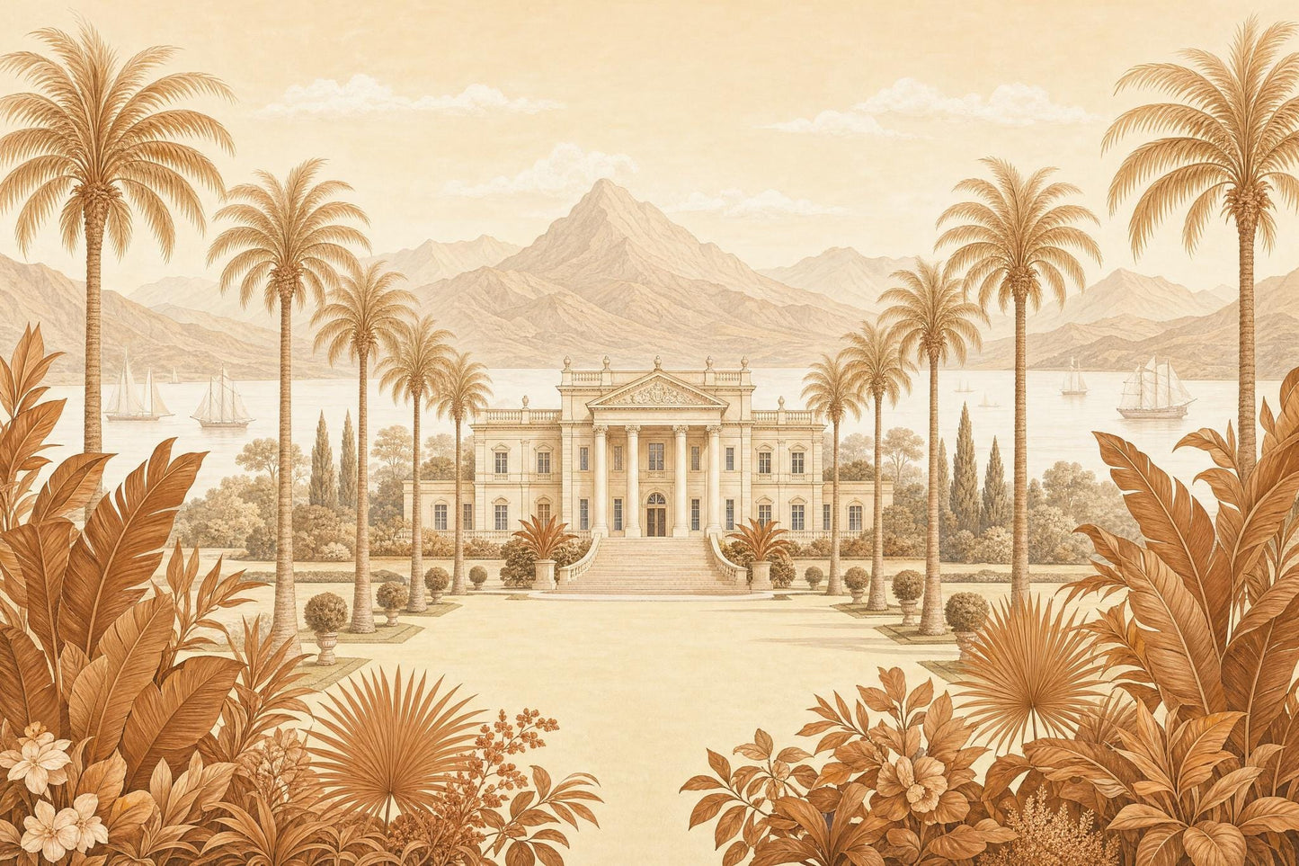Vintage Landscape Mural Wallpaper Sepia Tropical Palms Neoclassical Villa Wall Mural