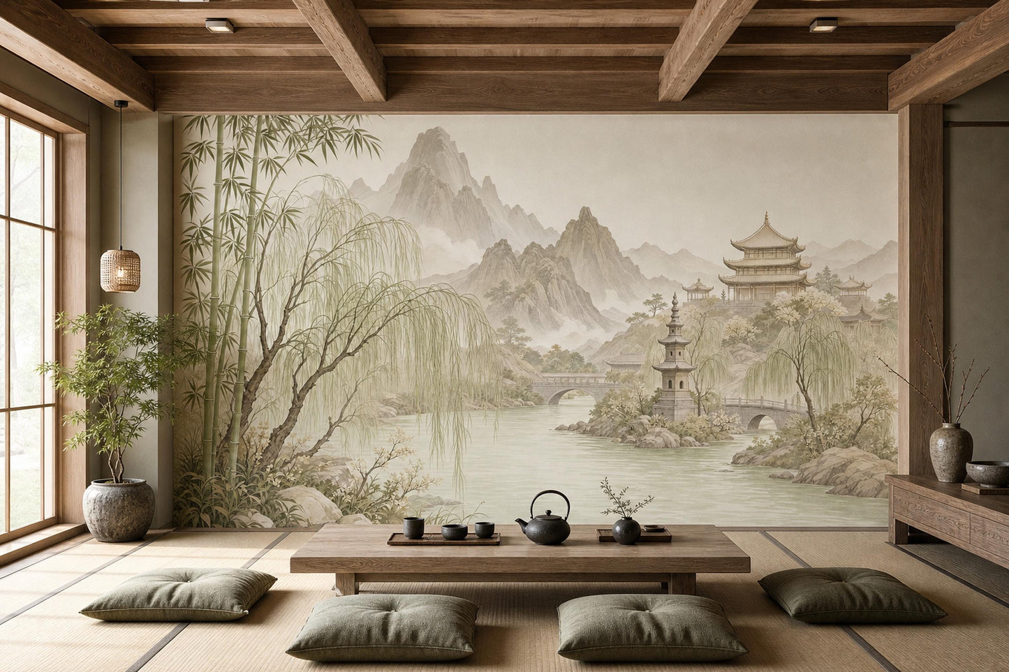 Asian Landscape Wall Mural Serene River Wallpaper Oriental Mountain Panorama Decor