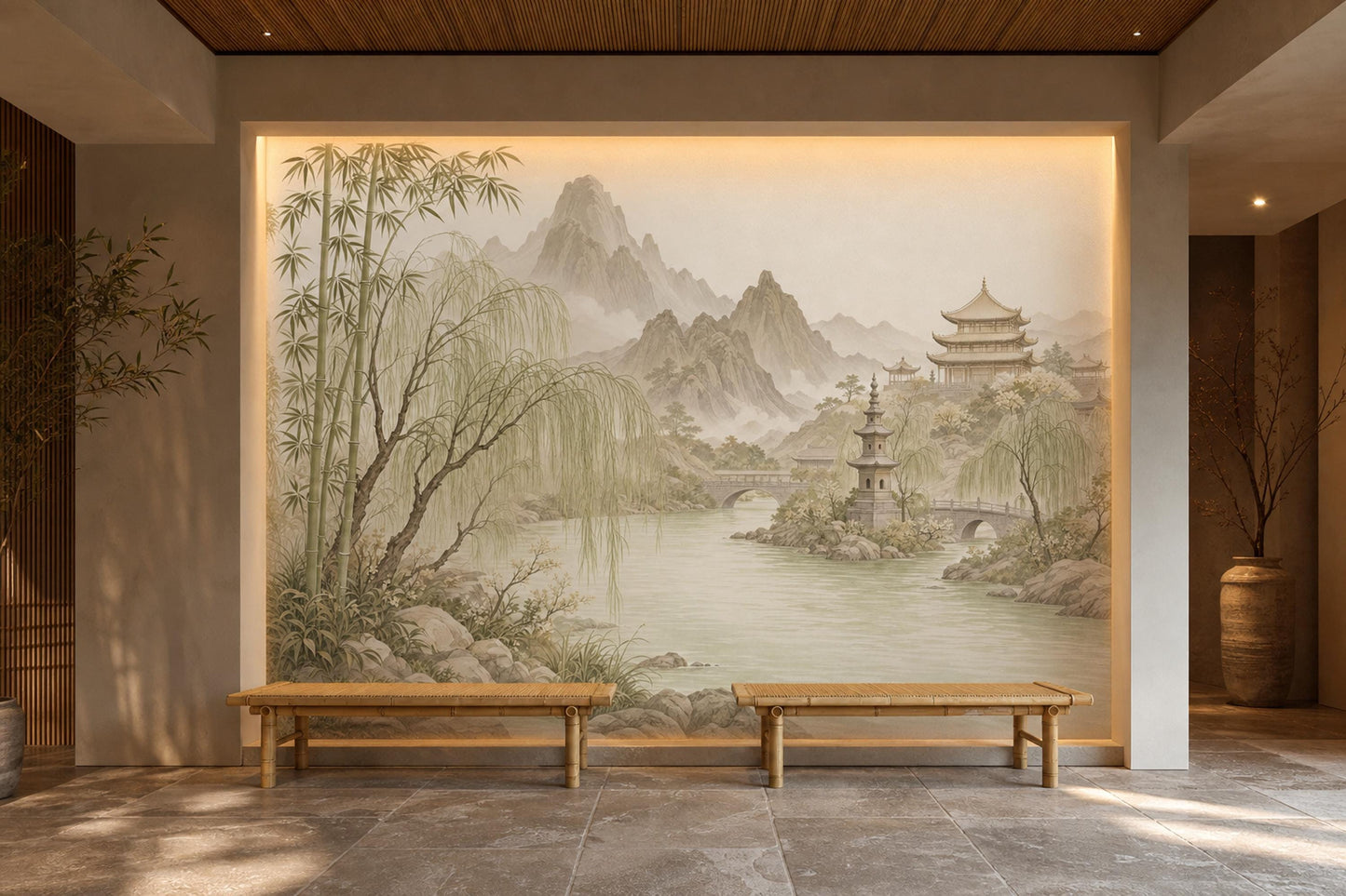 Asian Landscape Wall Mural Serene River Wallpaper Oriental Mountain Panorama Decor
