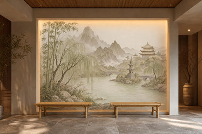 Asian Landscape Wall Mural Serene River Wallpaper Oriental Mountain Panorama Decor