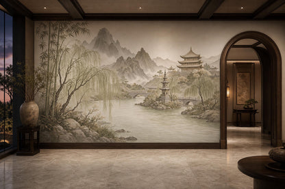 Asian Landscape Wall Mural Serene River Wallpaper Oriental Mountain Panorama Decor