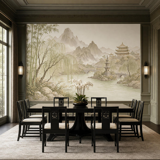 Asian Landscape Wall Mural Serene River Wallpaper Oriental Mountain Panorama Decor