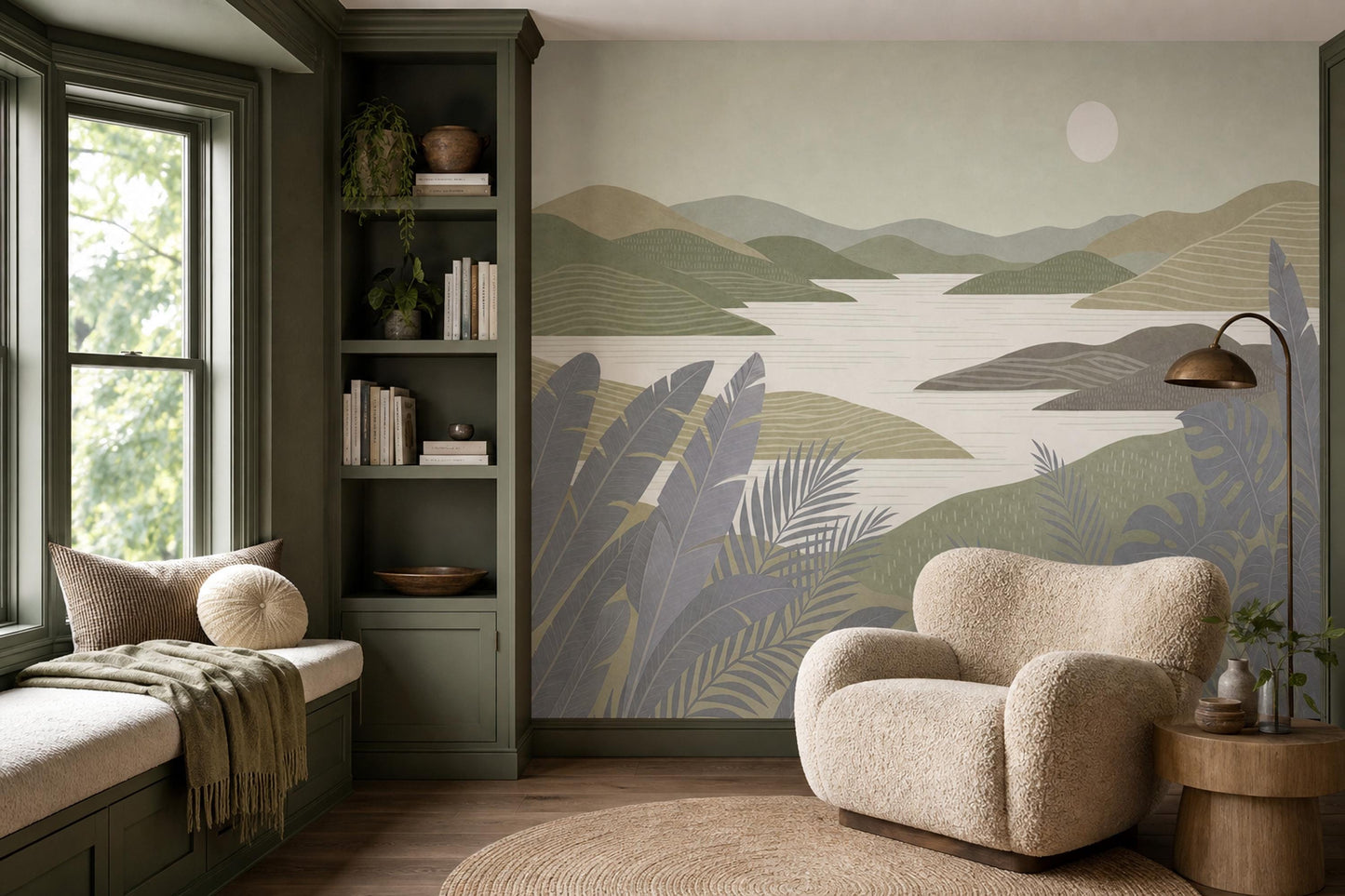 Modern Coastal Landscape Wall Mural Contemporary Lake View Wallpaper Scenic Horizon Decor