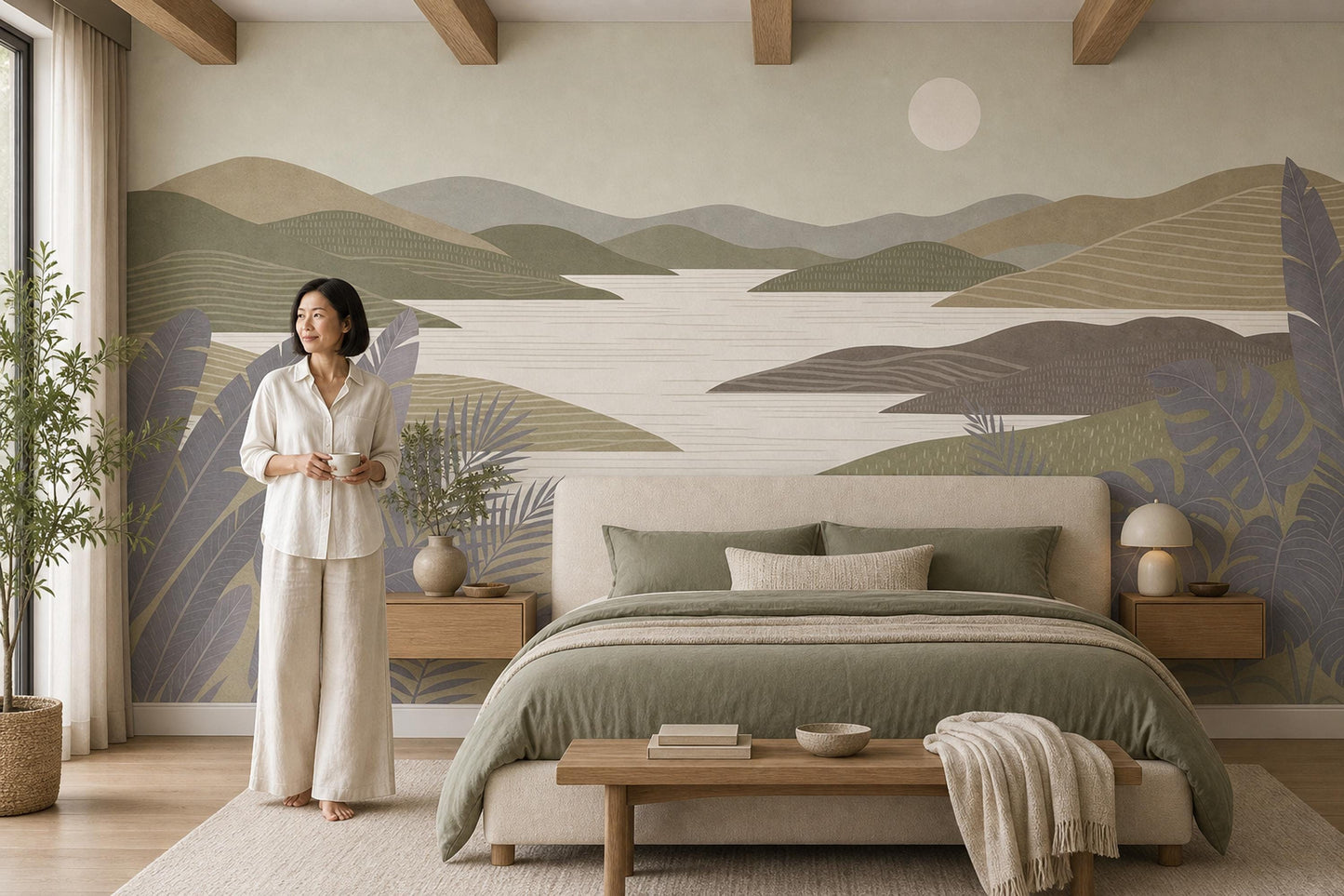 Modern Coastal Landscape Wall Mural Contemporary Lake View Wallpaper Scenic Horizon Decor