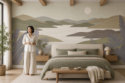 Modern Coastal Landscape Wall Mural Contemporary Lake View Wallpaper Scenic Horizon Decor