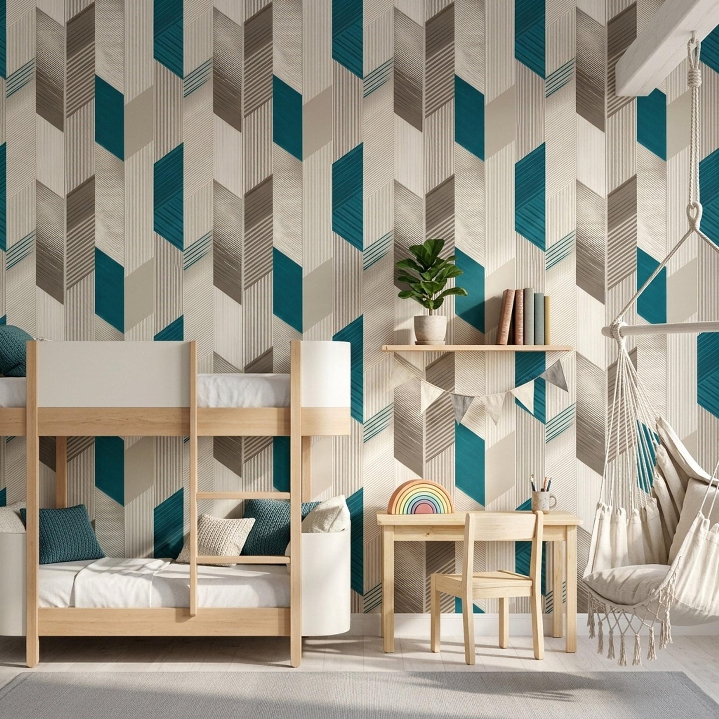 Mid Century Geometric Wallpaper Modern Teal Beige Art Deco Wall Decor