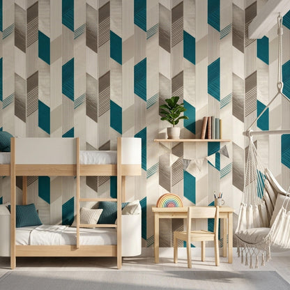 Mid Century Geometric Wallpaper Modern Teal Beige Art Deco Wall Decor