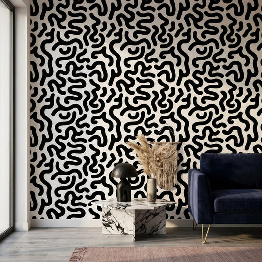 Modern Organic Wallpaper Black White Abstract Pattern Scandinavian Wall Decor