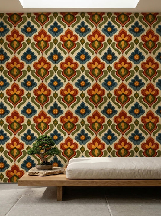 Vintage Retro Wallpaper 70s Floral Geometric Pattern Mid Century Wall Decor