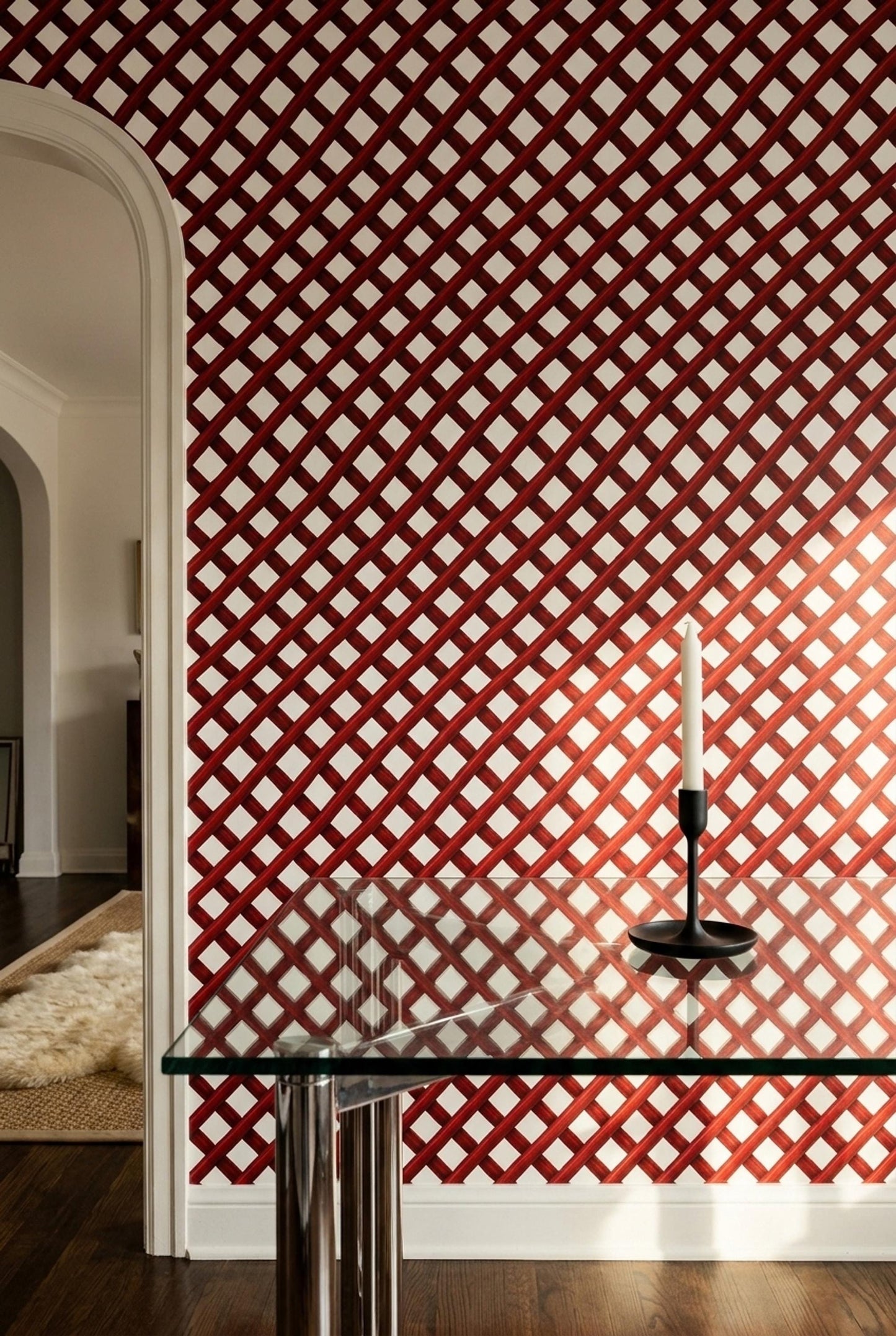 Red Trellis Wallpaper Geometric Lattice Pattern Modern Maximalist Accent Wall Decor