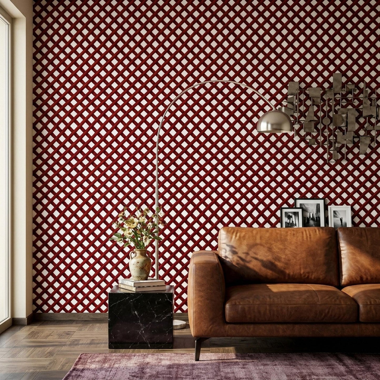 Red Trellis Wallpaper Geometric Lattice Pattern Modern Maximalist Accent Wall Decor