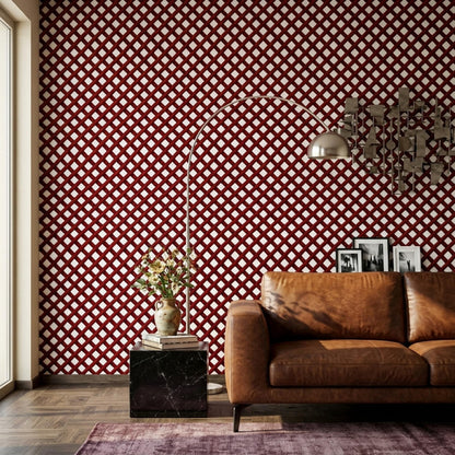 Red Trellis Wallpaper Geometric Lattice Pattern Modern Maximalist Accent Wall Decor