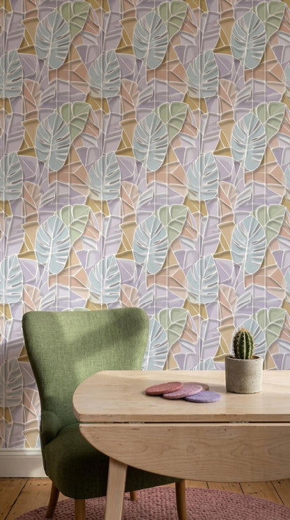 Pastel Tropical Leaf Wallpaper Modern Botanical Pattern Soft Abstract Palm Wall Decor