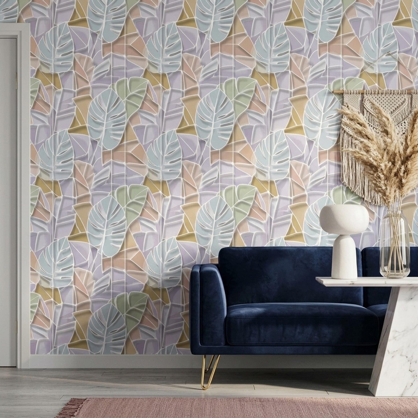 Pastel Tropical Leaf Wallpaper Modern Botanical Pattern Soft Abstract Palm Wall Decor