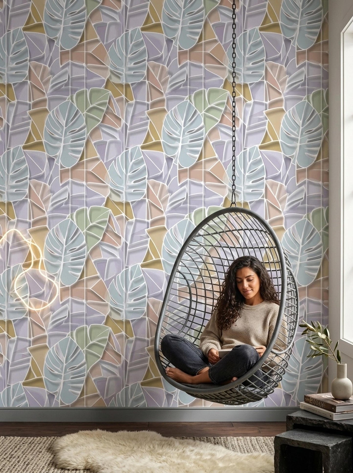 Pastel Tropical Leaf Wallpaper Modern Botanical Pattern Soft Abstract Palm Wall Decor