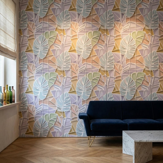 Pastel Tropical Leaf Wallpaper Modern Botanical Pattern Soft Abstract Palm Wall Decor