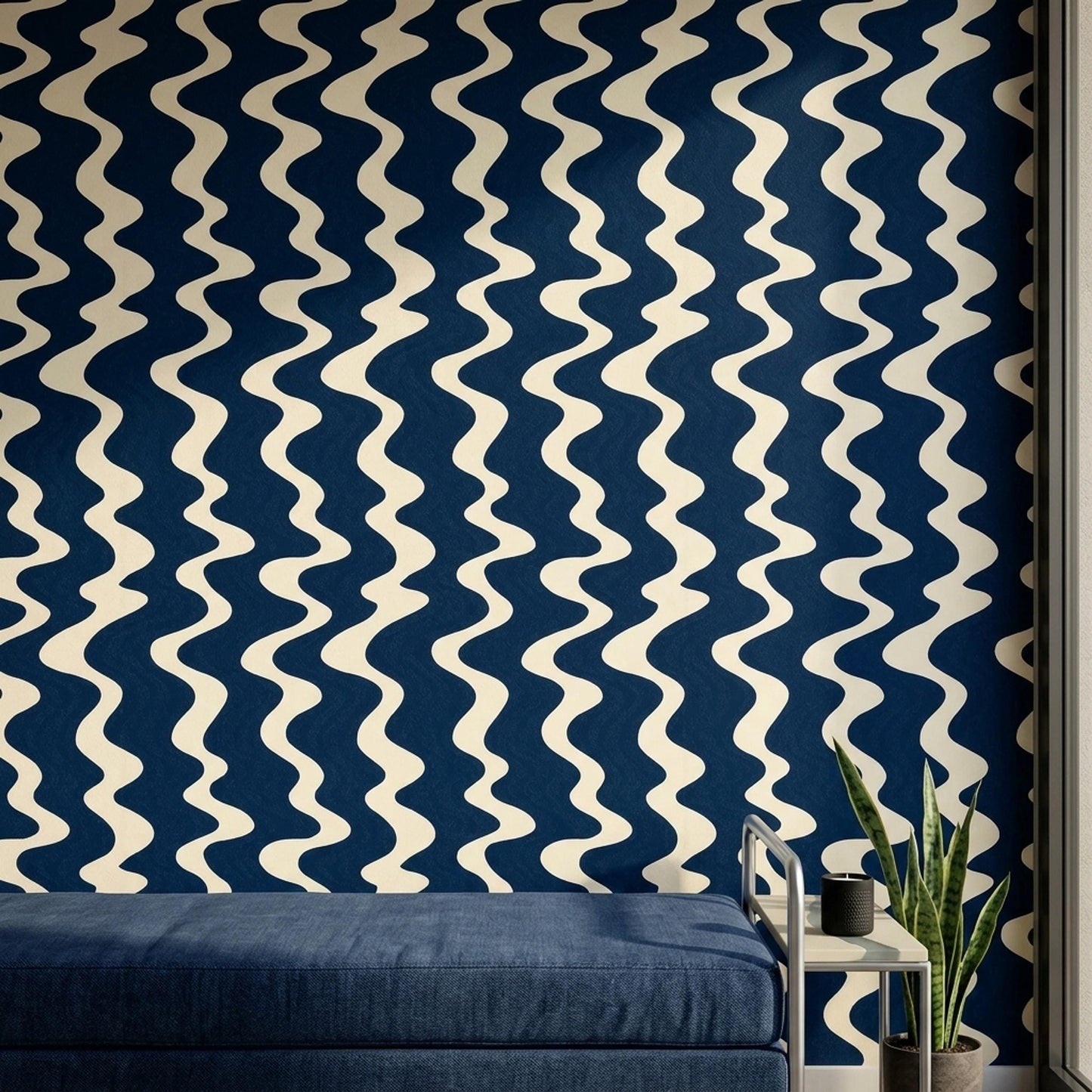 Navy Wave Wallpaper Retro Wavy Stripe Pattern Mid Century Modern Coastal Wall Decor